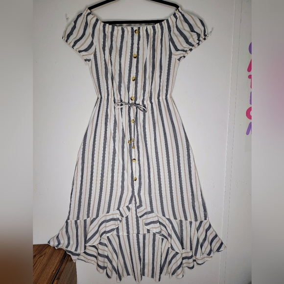 off-shoulder midi dress asymmetrical ruffle vertical lines, large, cotton blend. - Picture 3 of 16